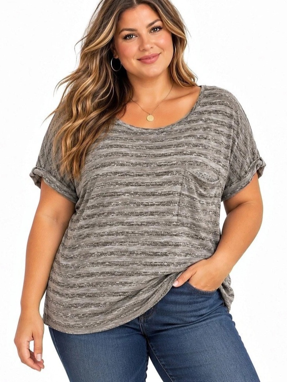 Calvin Klein Jeans XXL Gray Striped Relaxed Dolman Pocket Top